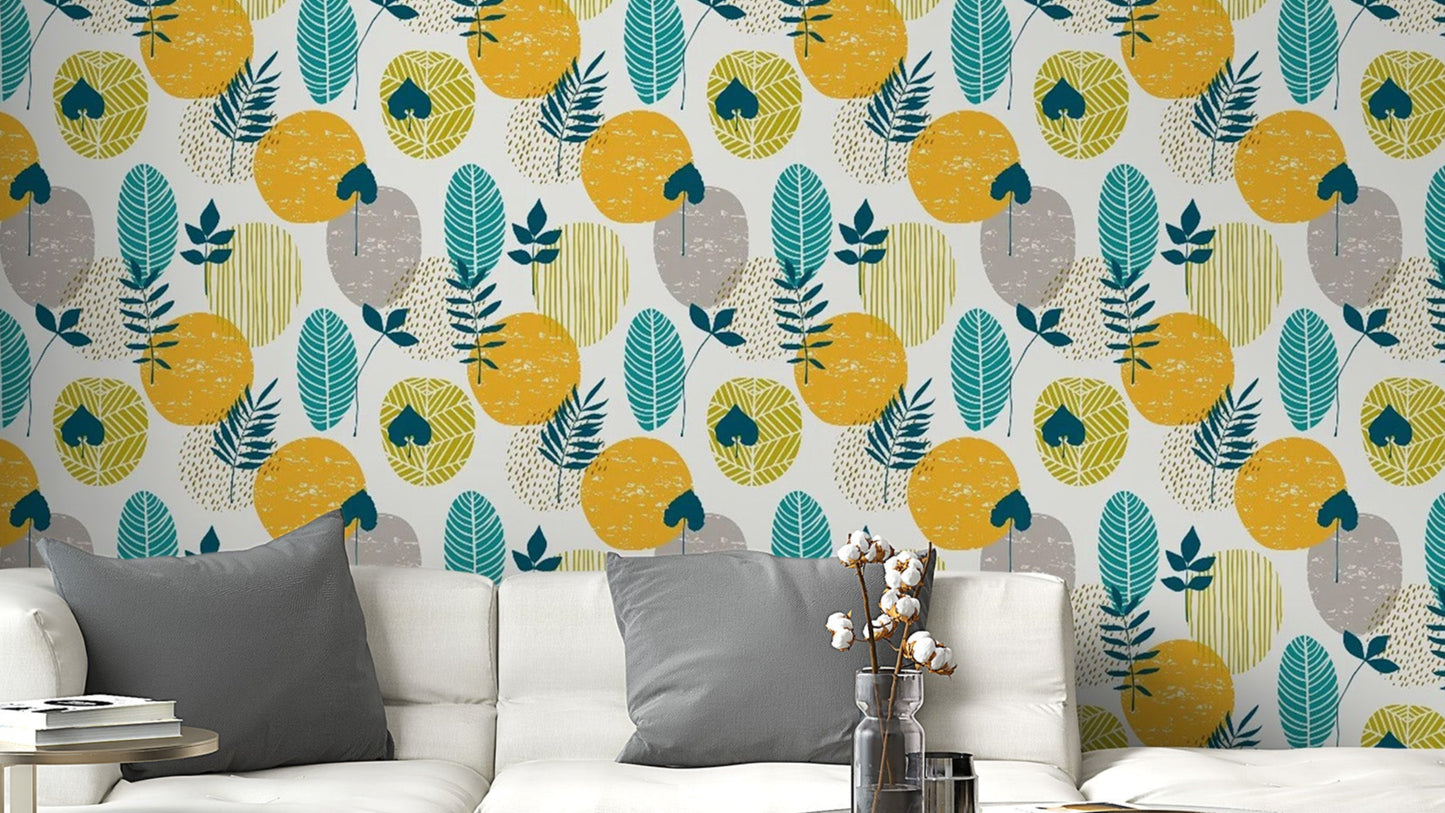 Orange Yellow Abstract Autumn Leaves wallpaper shown as a full feature wall that highlights the design