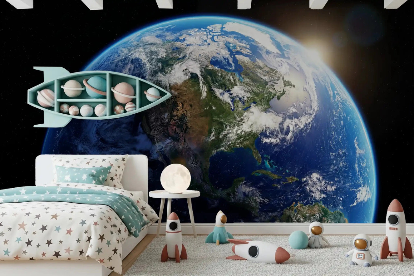 Kids bedroom with planet wall mural and bright space horizon