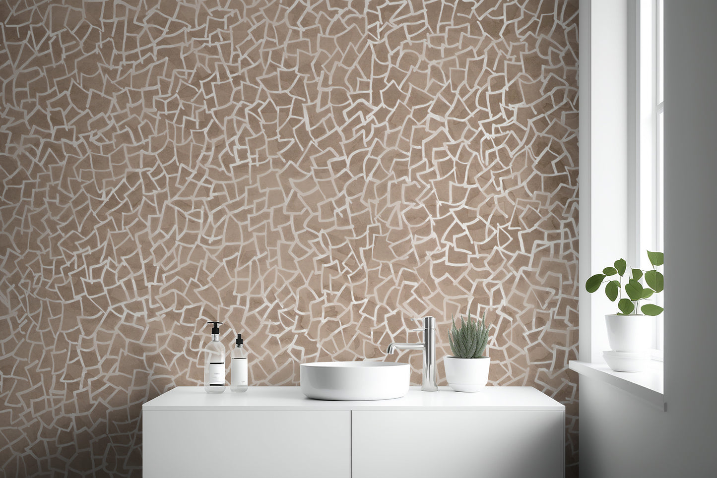Toffee brown geometric wallpaper mural with mosaic patterns.

