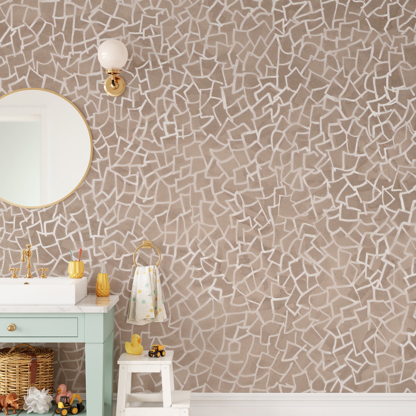 Modern mosaic-inspired brown wallpaper mural with intricate details.
