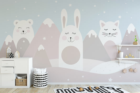 Cute Animals Kids Room wallpaper mural with bear, bunny and cat over pink peaks above a white dresser and play rug