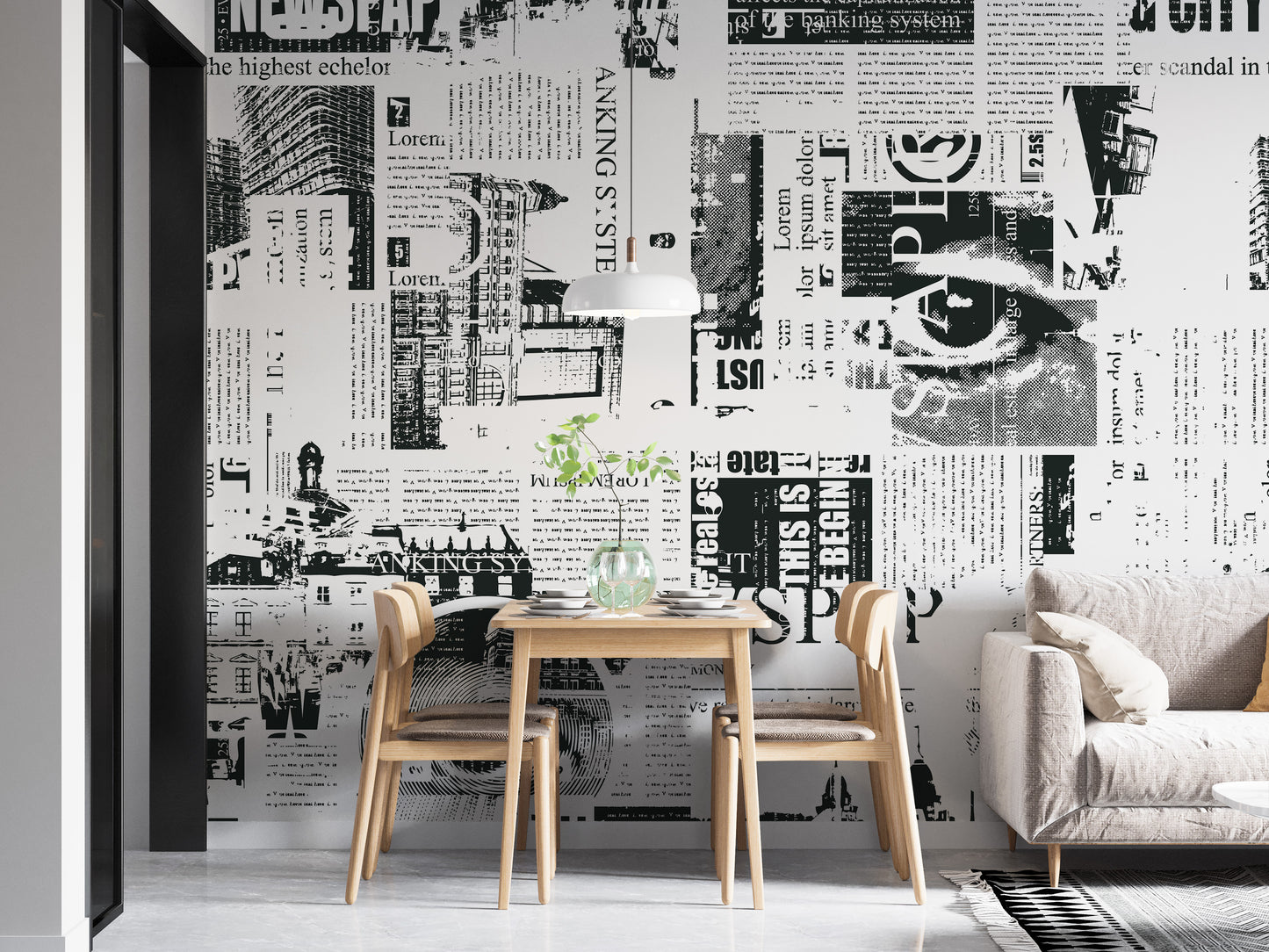 Urban Newsprint wallpaper mural of black-and-white headlines behind a light-wood dining table and chairs