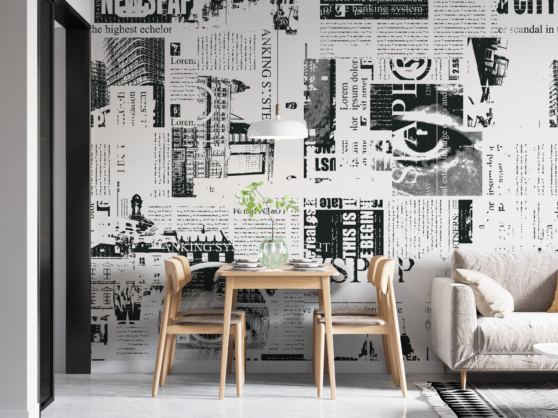 Urban Newsprint wallpaper mural of black-and-white headlines behind a light-wood dining table and chairs