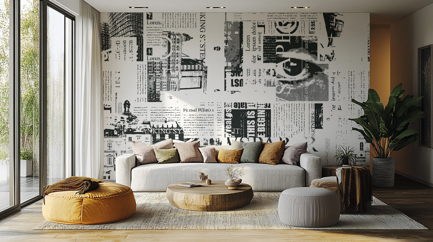 Urban Newsprint wallpaper mural of black-and-white newspaper collage behind a grey sofa and mustard pouf in a living room