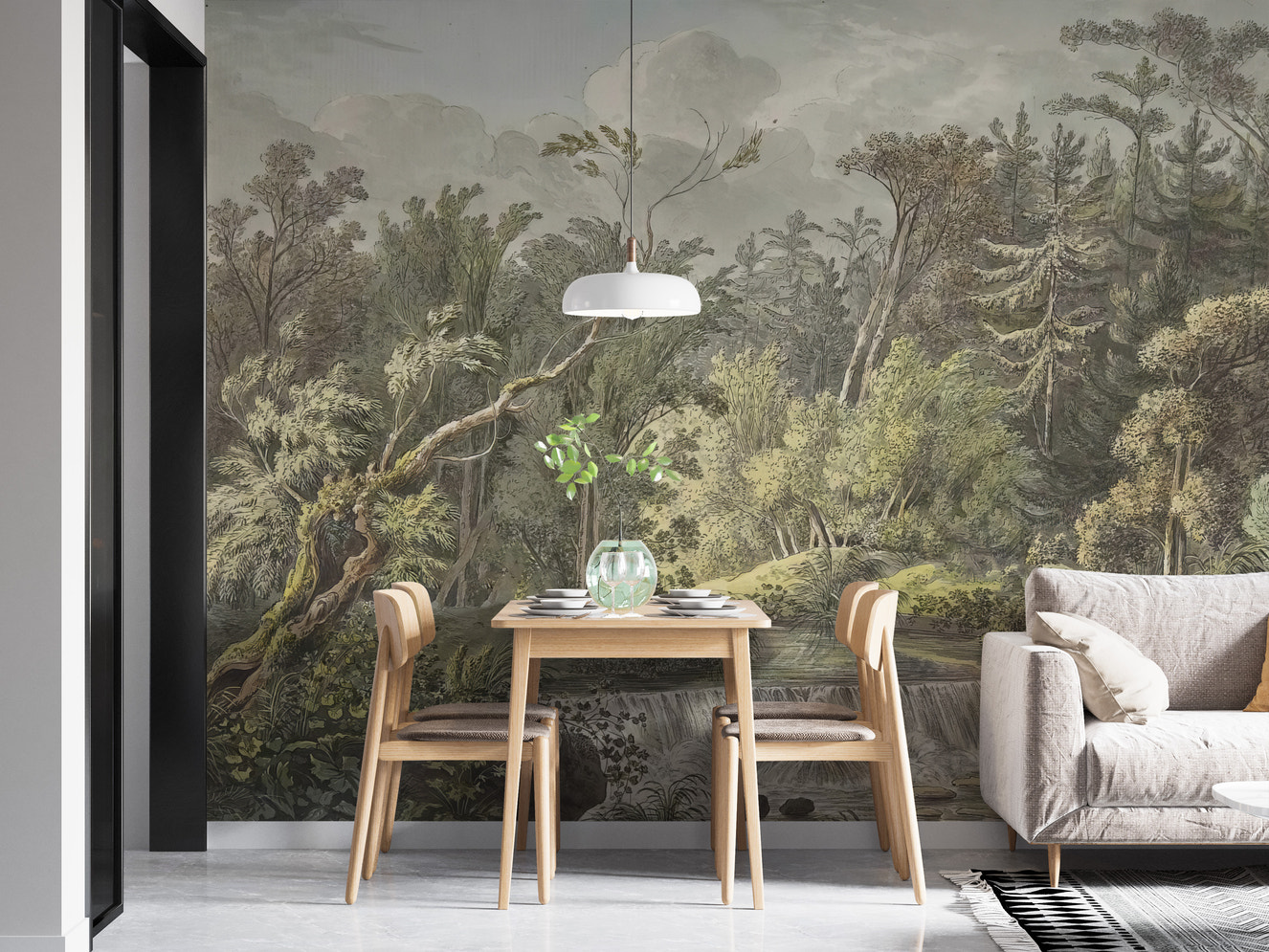 Vintage Forest Waterfall Wallpaper Mural