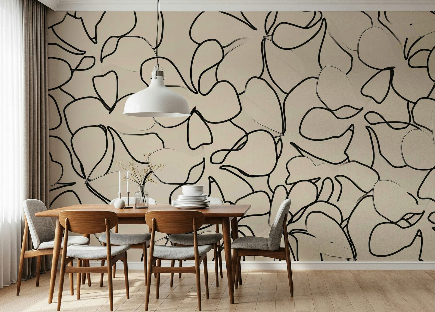 A beautiful modern art wall mural of delicate lines.