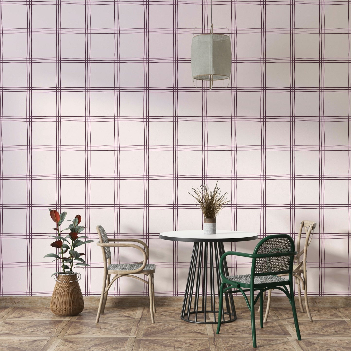 Hand-drawn grid pattern wallpaper with earthy mauve lines.

