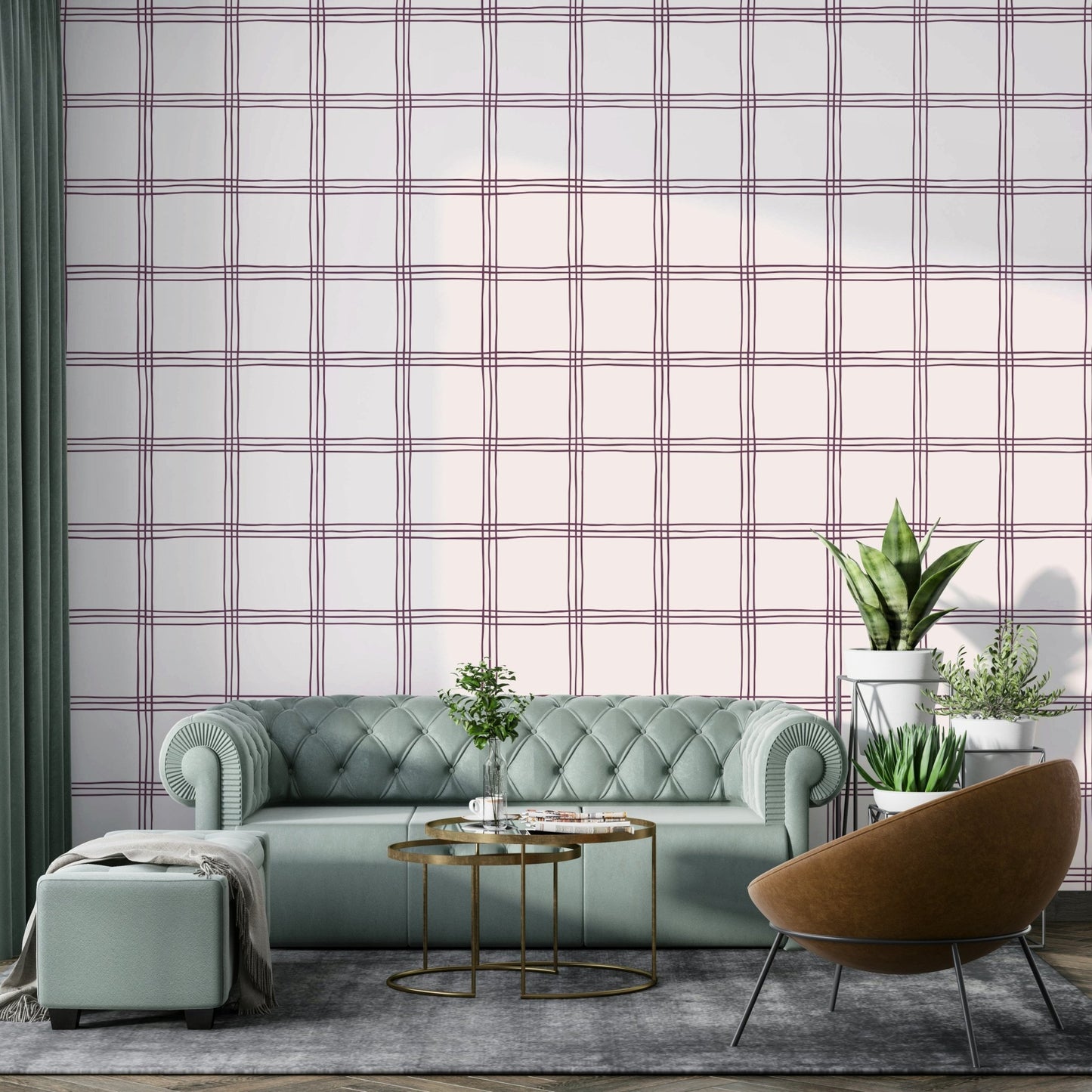 Artistic grid wallpaper in natural mauve and beige shades.

