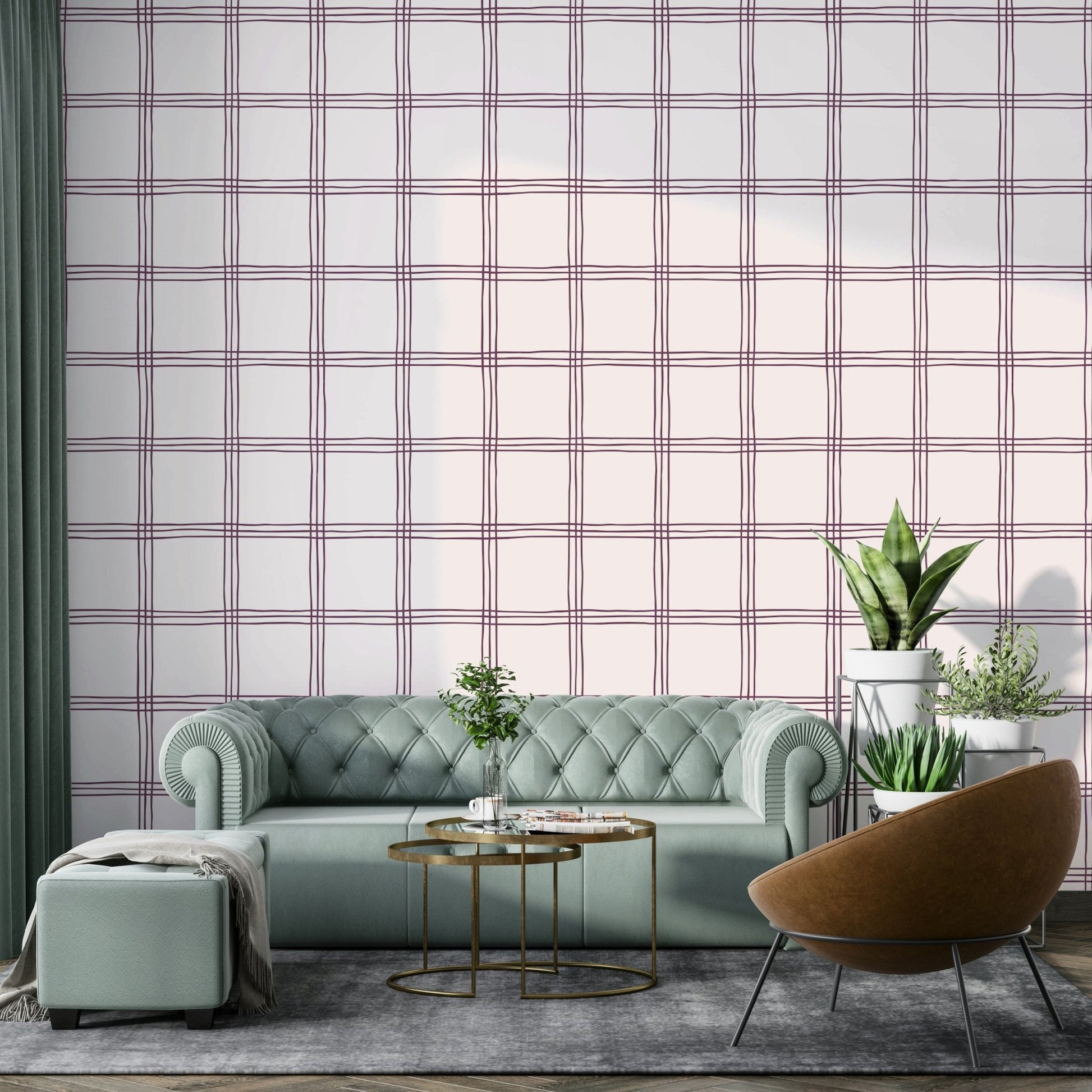 Artistic grid wallpaper in natural mauve and beige shades.

