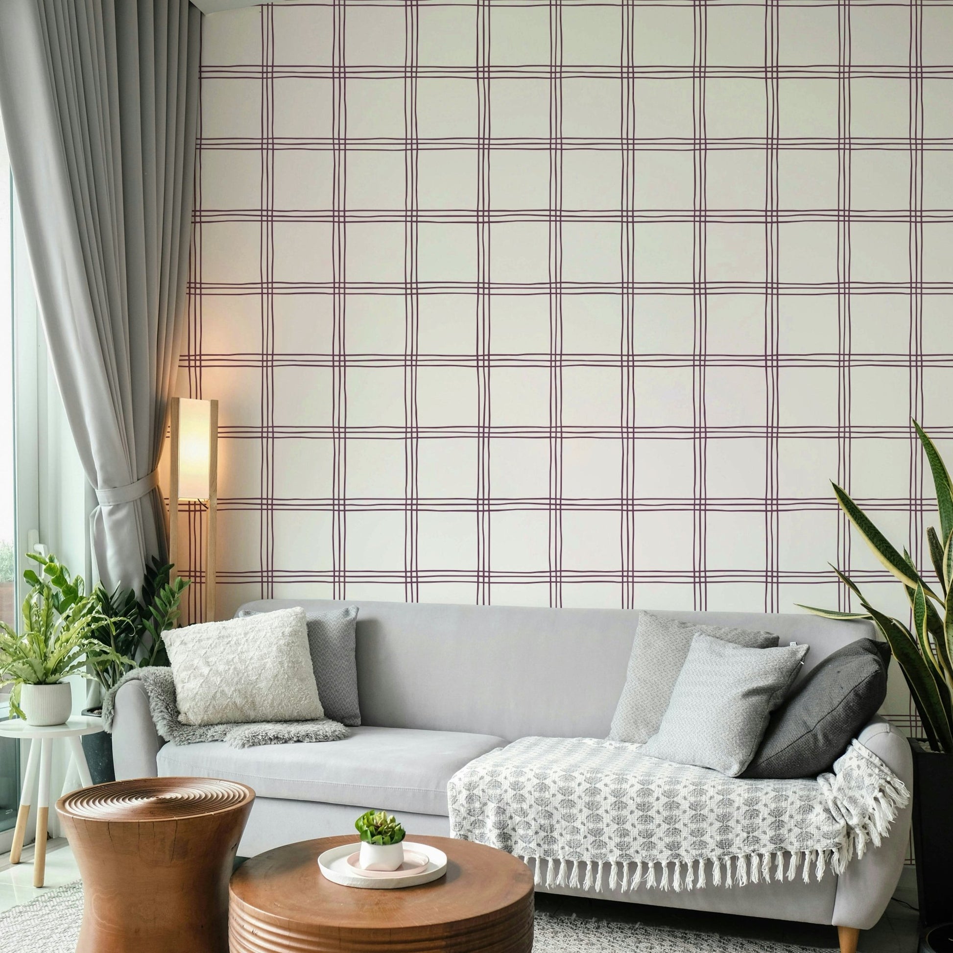 Minimalist wallpaper with natural grid in beige and mauve.

