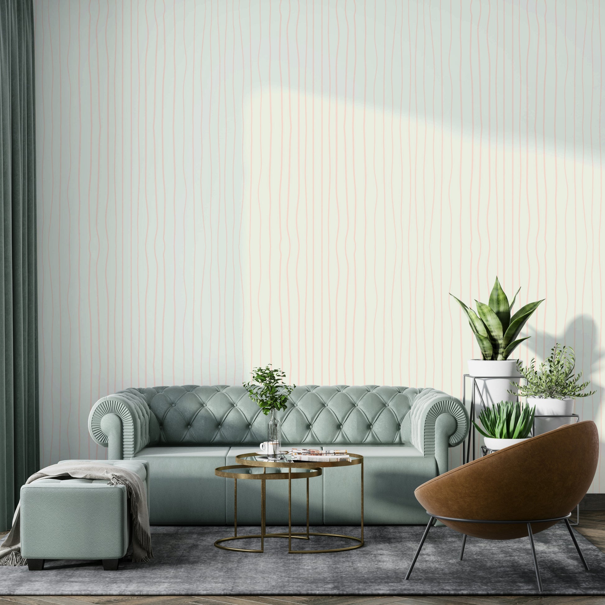 Wavy pink line wall mural with natural flow

