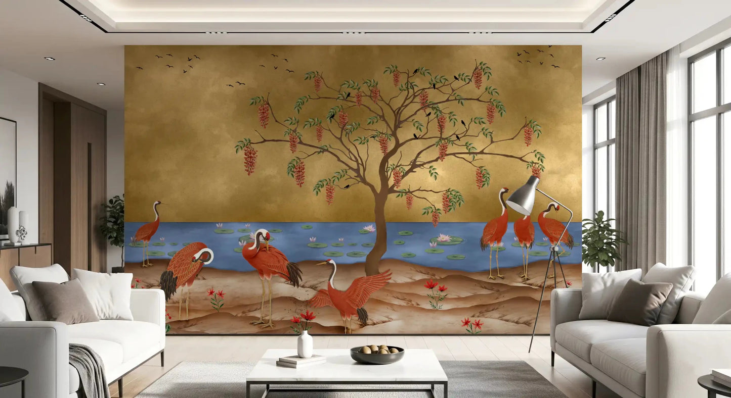 Oriental crane wall mural in a hallway with elegant scenic character