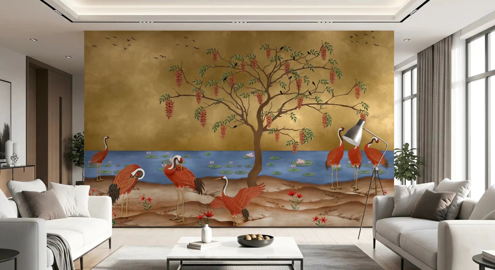 Oriental crane wall mural in a hallway with elegant scenic character