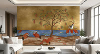 Oriental crane wall mural in a hallway with elegant scenic character