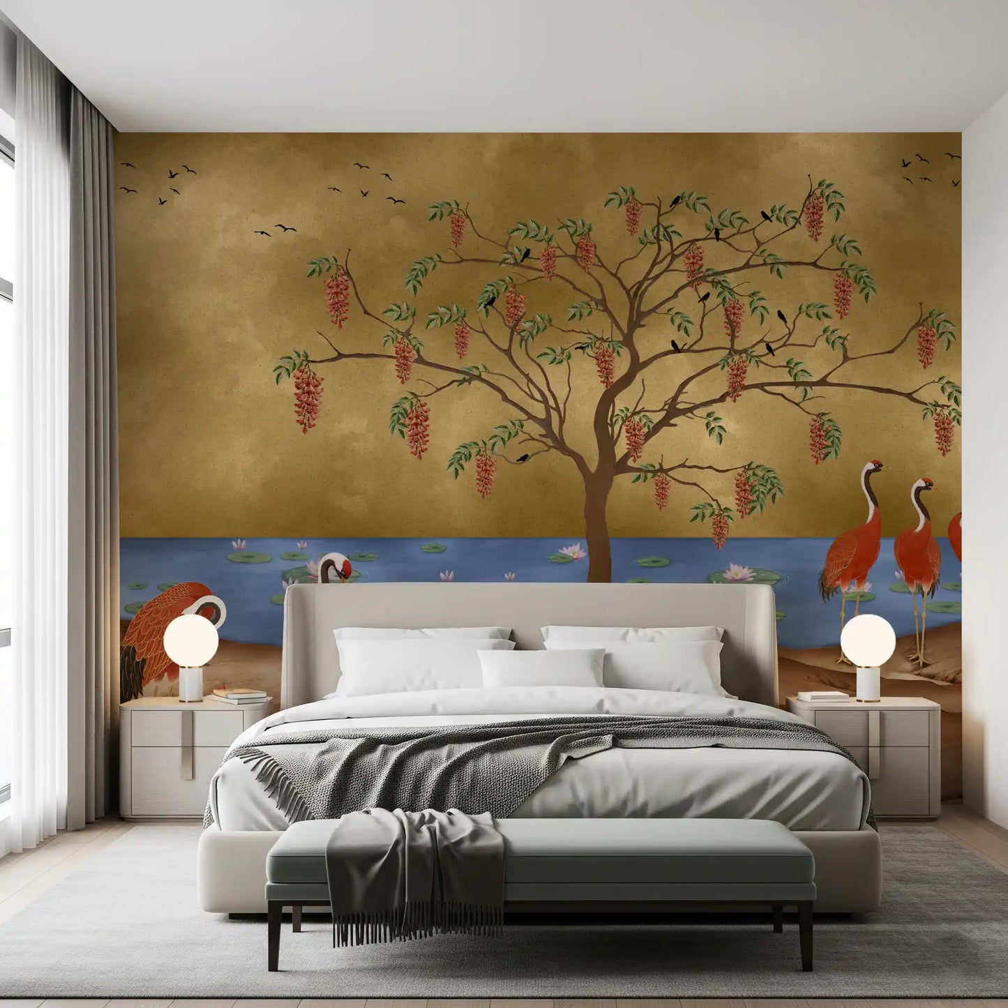 Oriental Cranes & Golden Waters wall mural in a serene master bedroom