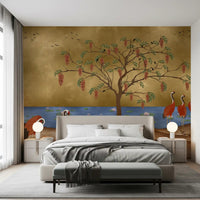 Oriental Cranes & Golden Waters wall mural in a serene master bedroom