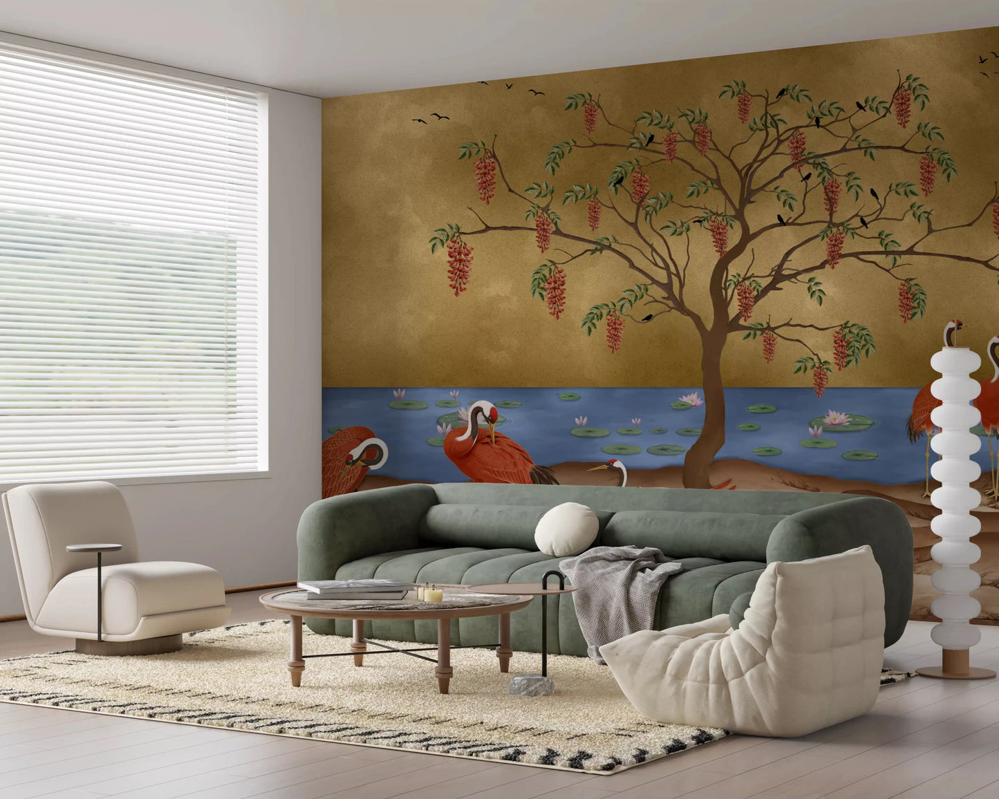 Golden waters wall mural adding detail to a refined home office