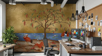 Golden waters wall mural with hanging blossoms and tall cranes
