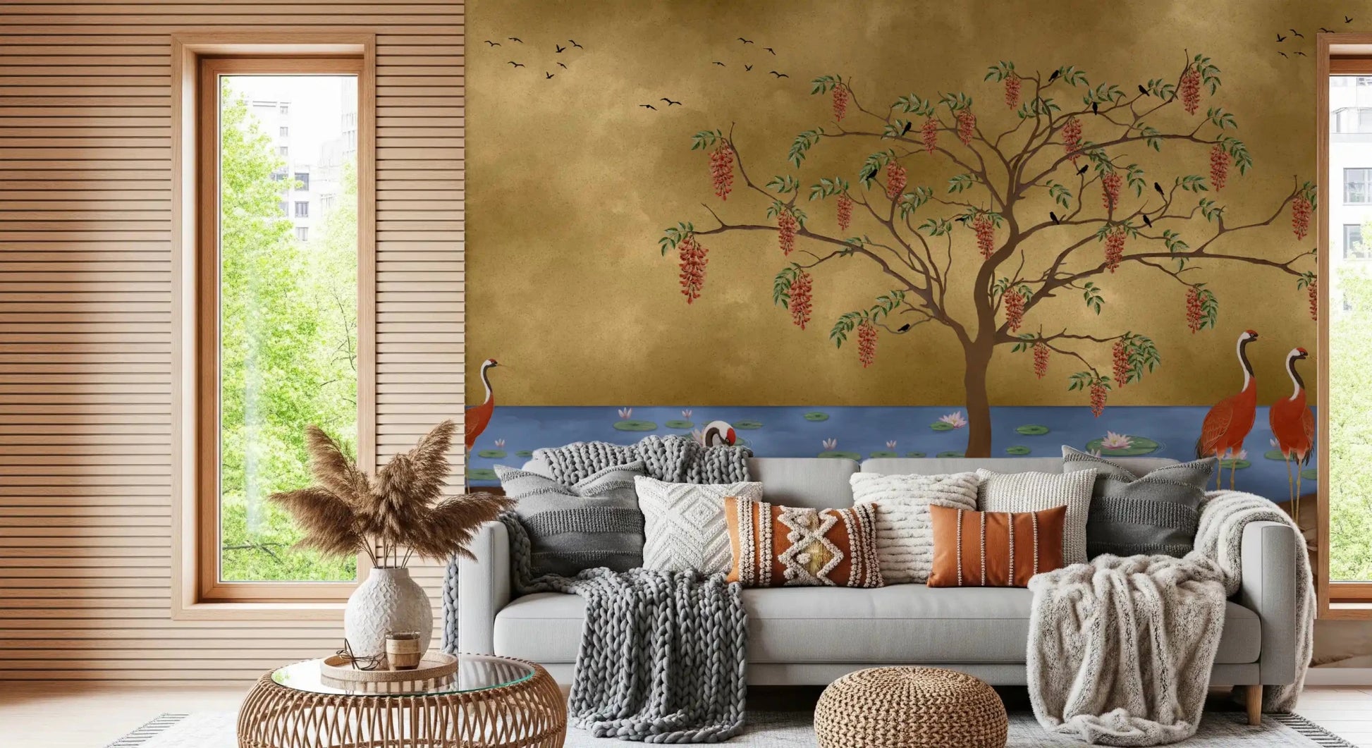 Golden crane wall mural behind a sofa in a calm living room