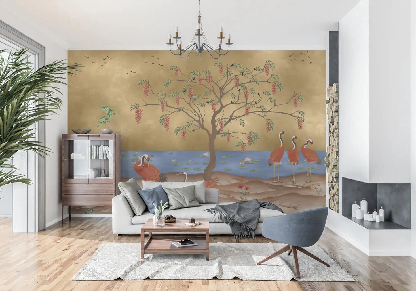 Oriental crane wall mural with rust birds beside calm blue water