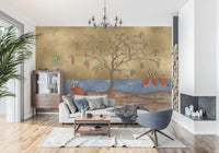 Oriental crane wall mural with rust birds beside calm blue water