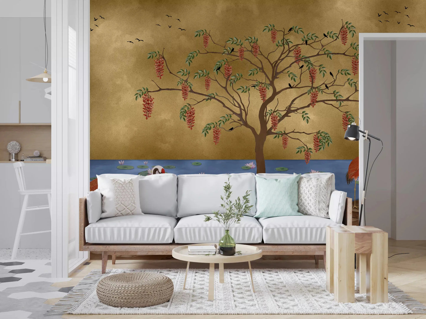 Golden bird wall mural in an entryway with soft earthy contrast
