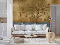 Golden bird wall mural in an entryway with soft earthy contrast