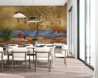 Crane lakeside wall mural creating a peaceful mood in a Dining area.