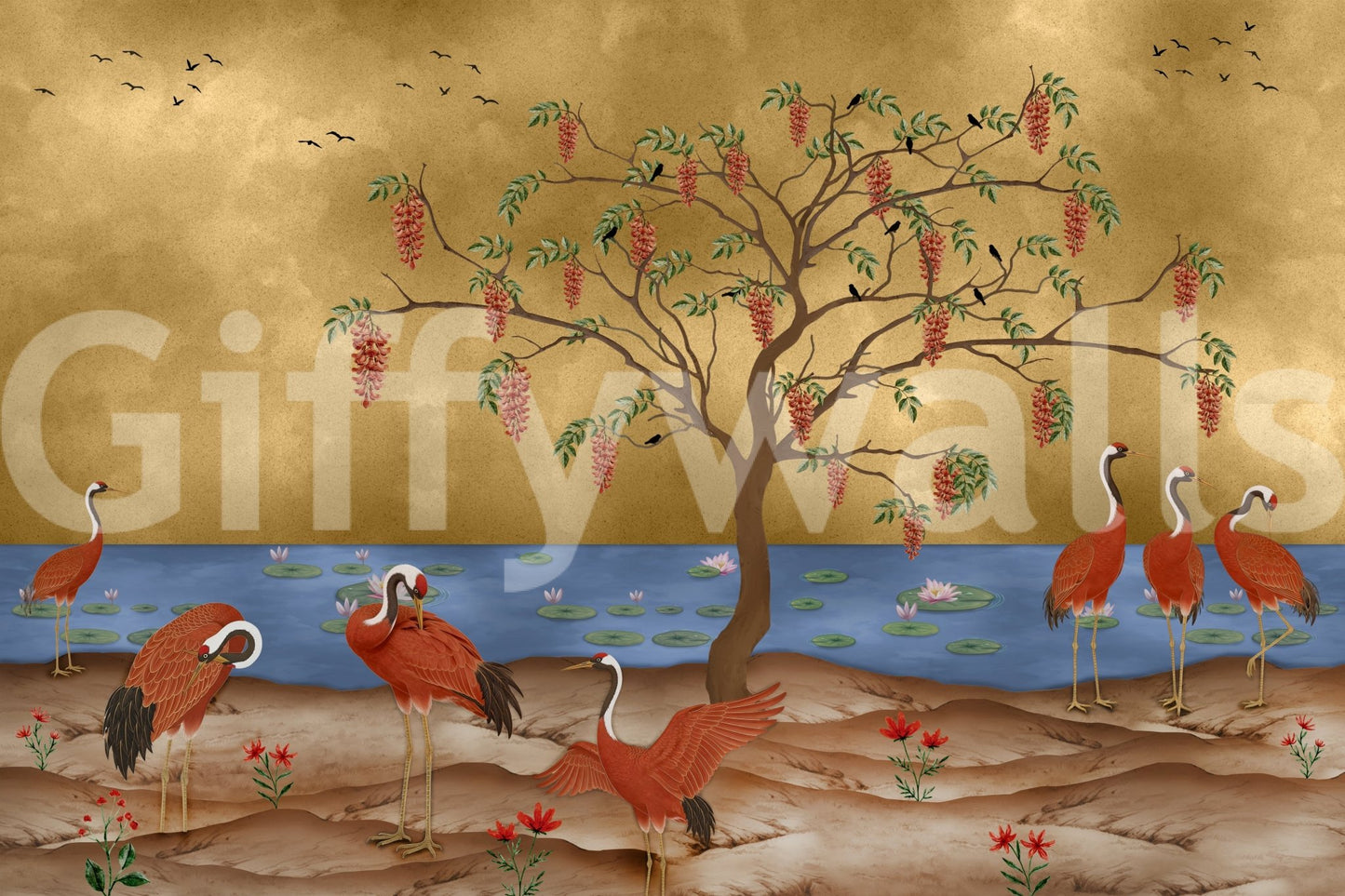 Crane lakeside wall mural with lily pads and a flowering tree