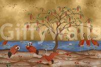 Crane lakeside wall mural with lily pads and a flowering tree