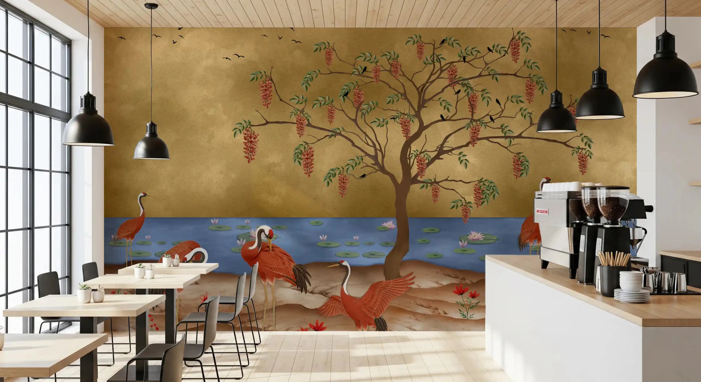 Crane botanical wall mural in a restaurants  area with warm natural tones