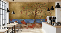 Crane botanical wall mural in a restaurants  area with warm natural tones