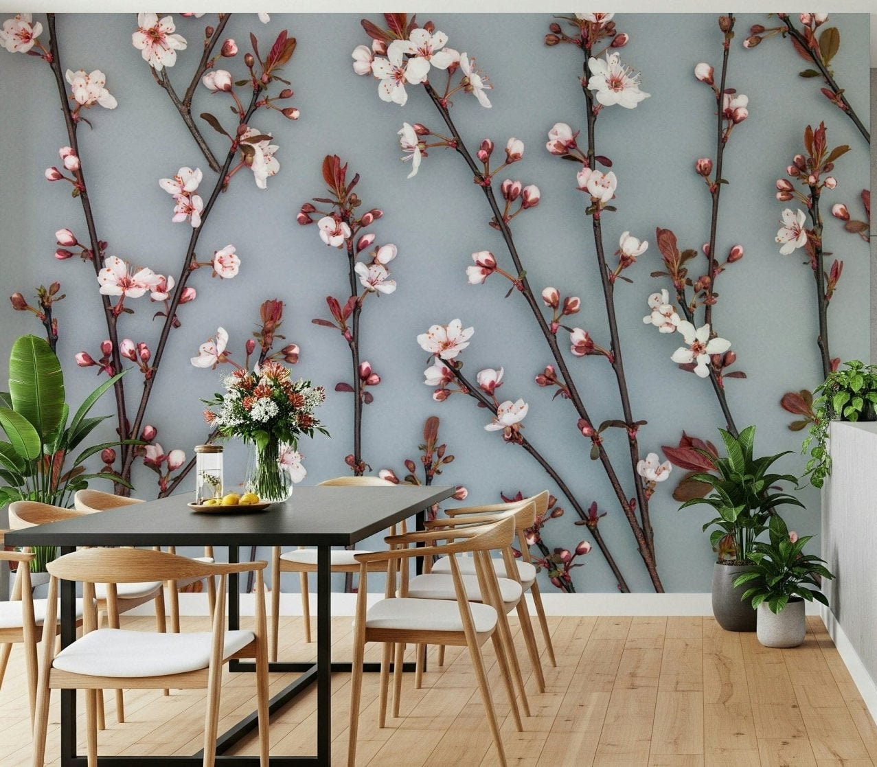 A delicate wallpaper showcasing cherry plant stems adorned with blooming flowers in gentle pastel tones.