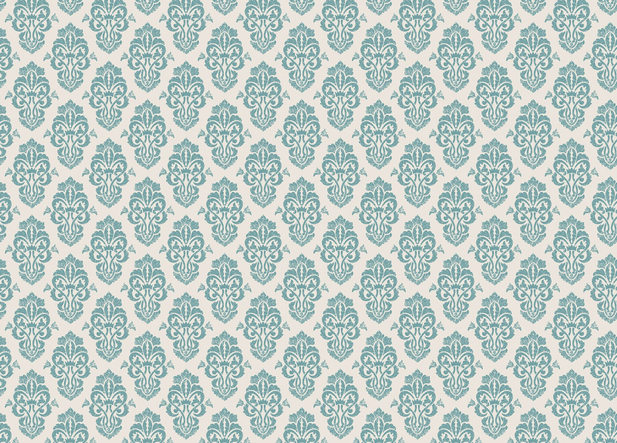 White and Blue Damask Pattern Wallpaper Mural in your room — zoomed