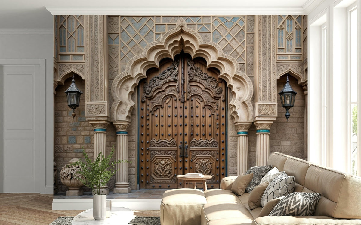Ornate Entryway wallpaper mural of a carved wooden Mughal doorway behind a beige sectional sofa in a living room
