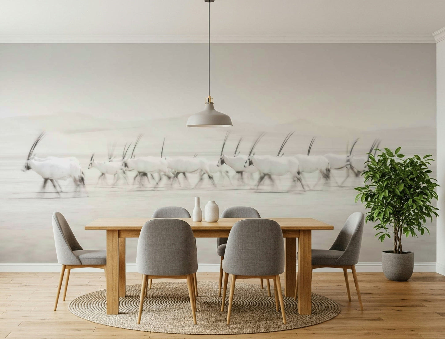 Oryx and Desert Landscape Mural – Minimalist desert mural with graceful oryx and soft gradient skies.