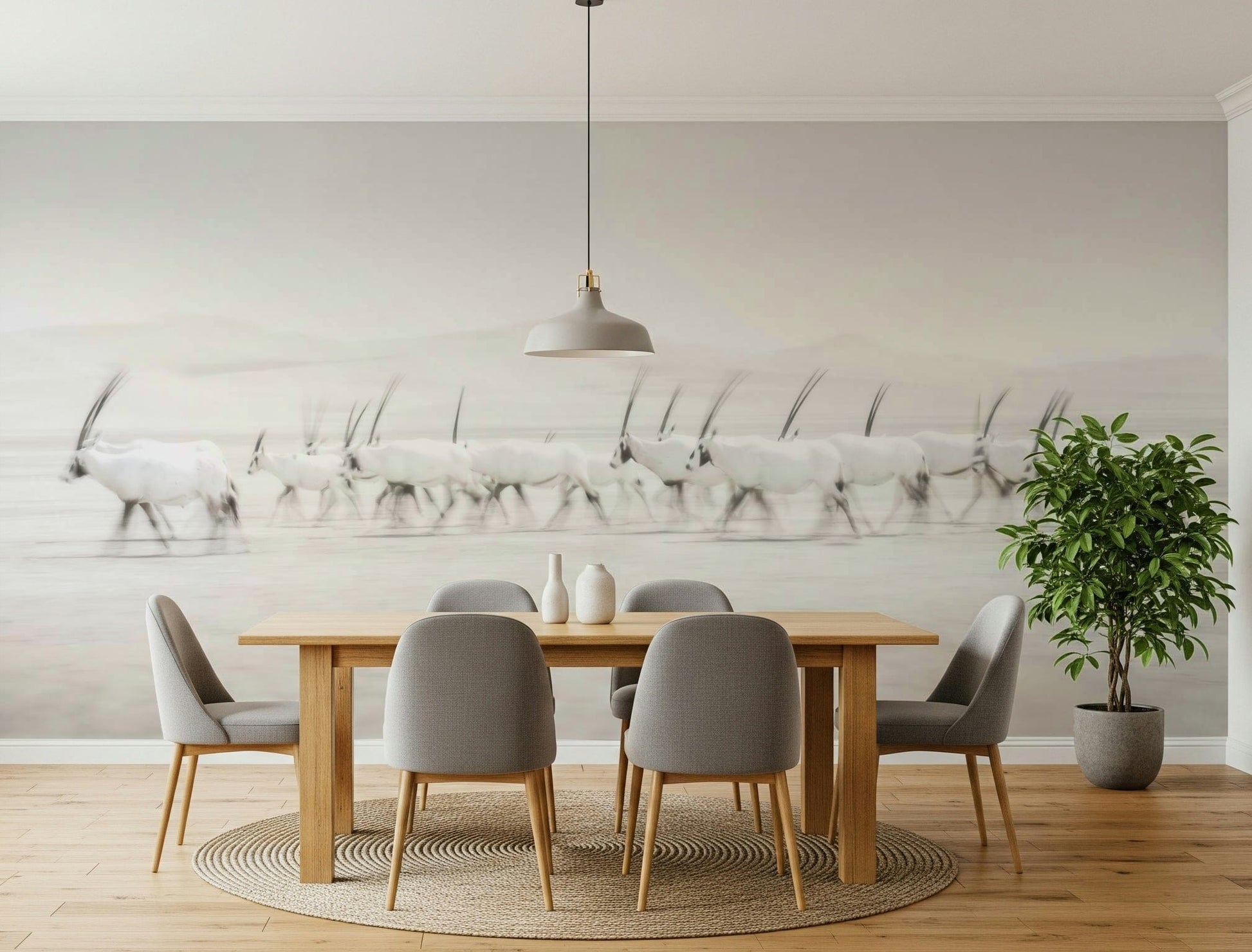 Oryx and Desert Landscape Mural – Minimalist desert mural with graceful oryx and soft gradient skies.
