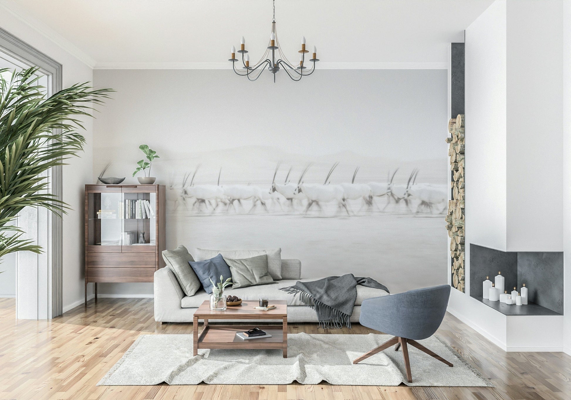 Safari Desert Wall Mural – Gentle desert landscape with oryx silhouettes creating a calming, natural ambiance.