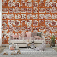 Rustic adventure wallpaper mural showing hand-drawn mountains, trees, and outdoor gear.