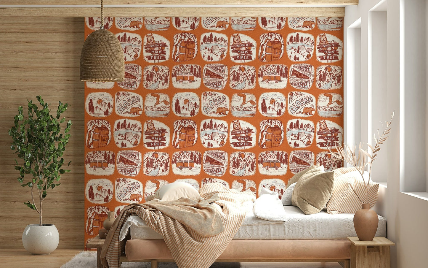 Adventure-themed wallpaper mural with illustrated tents, trees, and hiking gear.