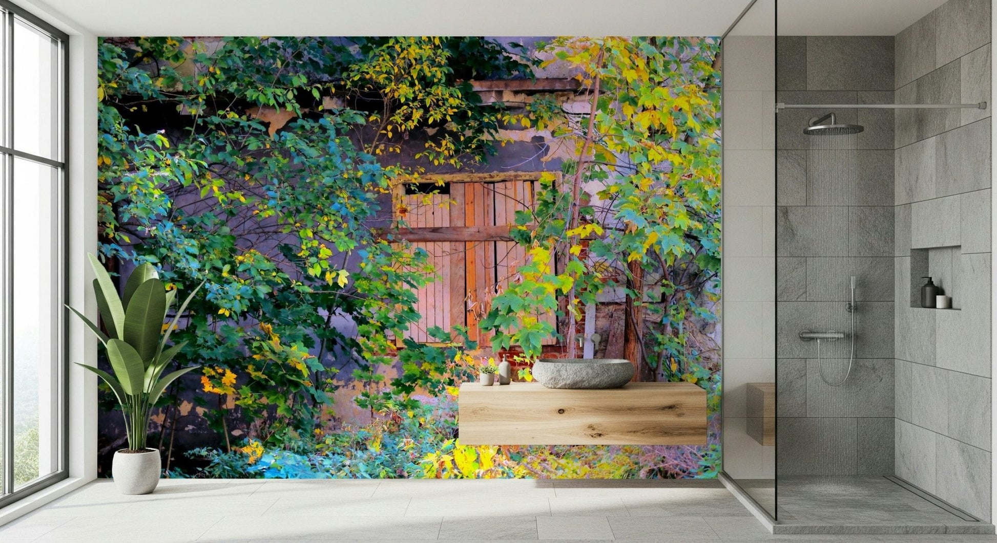 Abandoned ruins arch mural in bedroom, calm lighting, green foliage on stone