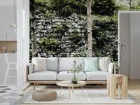 Abandoned stone wall mural in dining room, earthy color palette and daylight