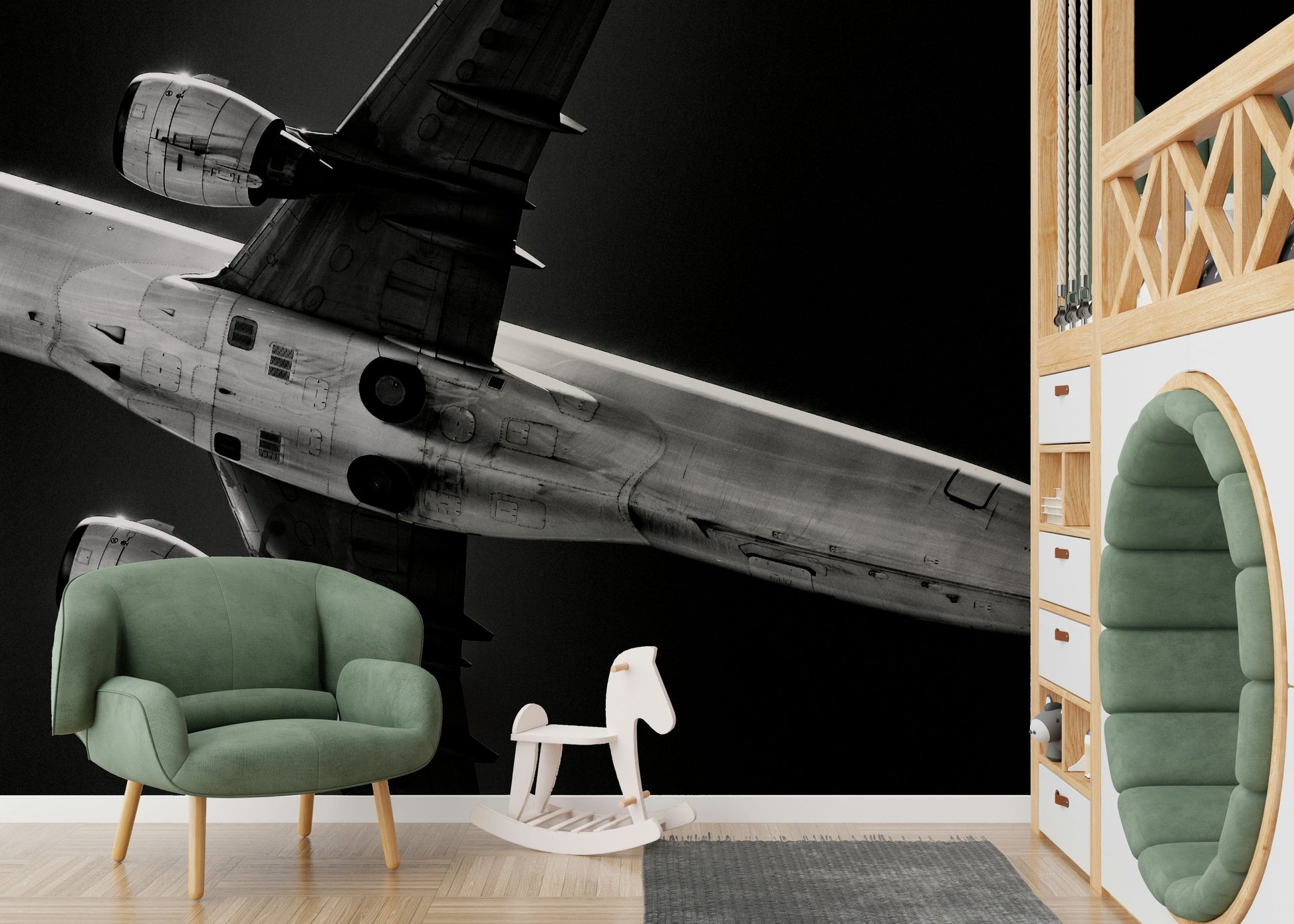 A peaceful open vista mural on decorative wallpaper.

