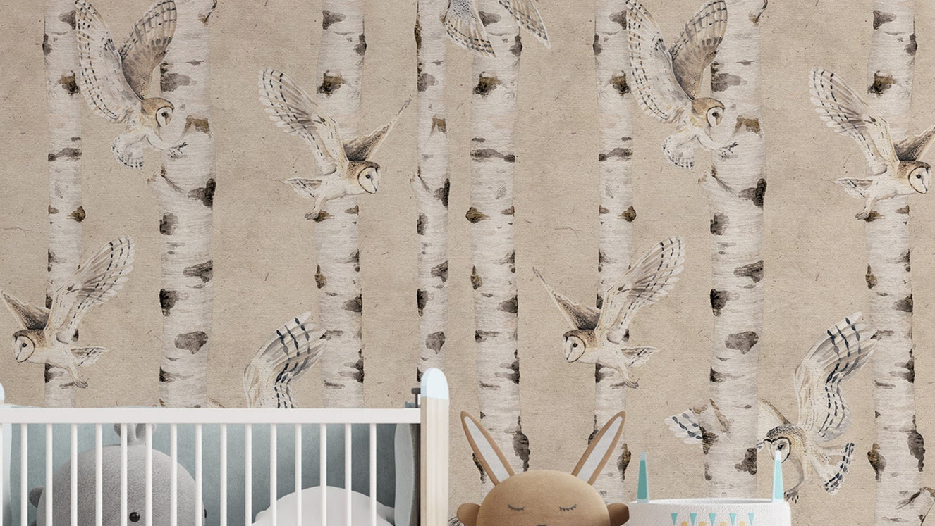 Owl Birch Forest Wallpaper - Beige