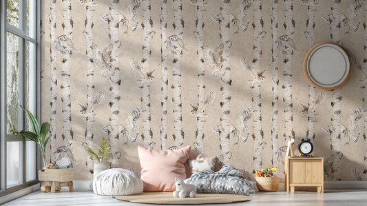 Owl Birch Forest Wallpaper - Beige