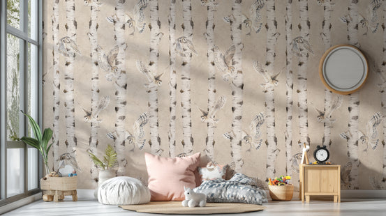 Owl Birch Forest - Beige wallpaper mural behind floor cushions, a pink pillow and round porthole mirror