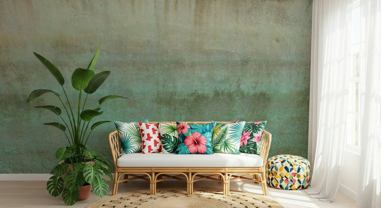 Weathered oxidized surface wall mural in teal tones