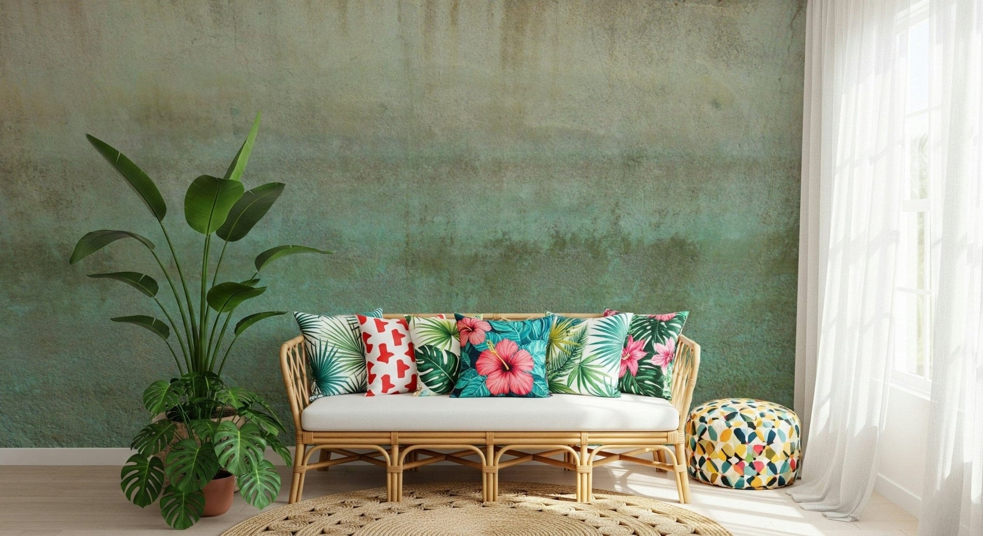 Weathered oxidized surface wall mural in teal tones
