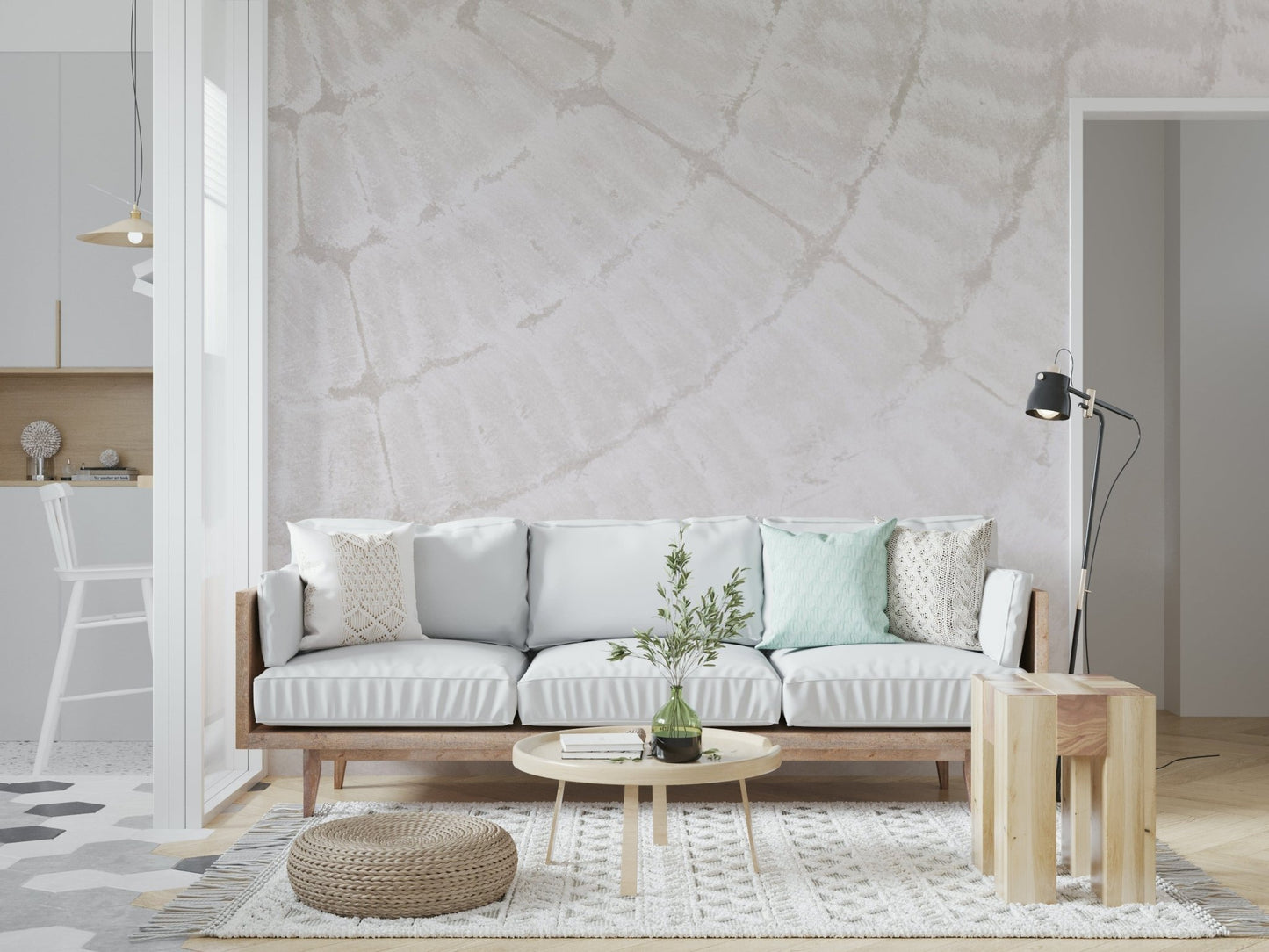 Oyster Shell Echo wallpaper mural combining subtle textures and soft neutral tones for sophisticated interiors.