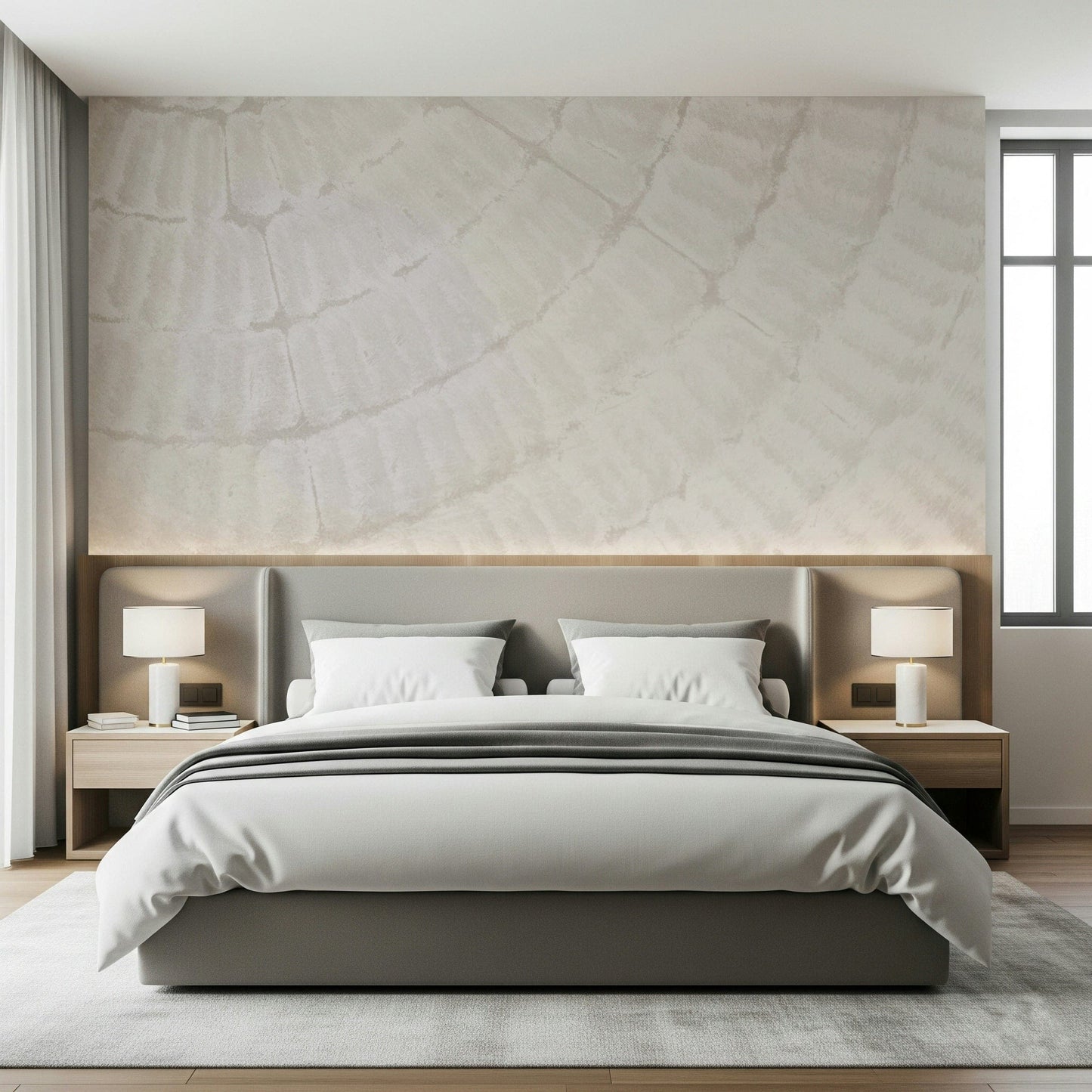 Coastal-inspired wall mural with layered oyster shell textures for a tranquil and airy ambiance.